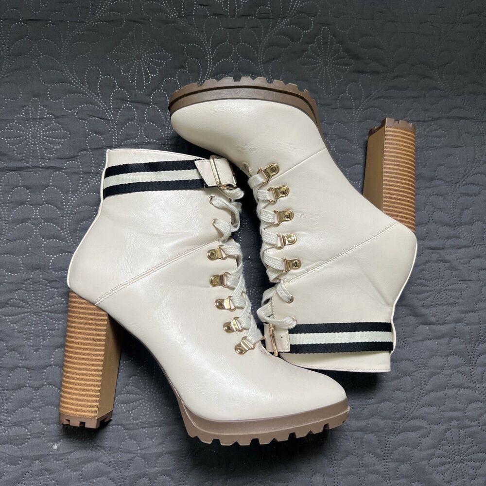 JUSTFAB Robinea Cream Lace Up Chunky Ankle Boots SZ US10/UK8/EU4i Grunge Beige